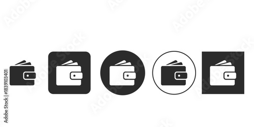 Digital wallet and cash icon set for mobile apps | Black and white finance pictogram collection for web design | Flat vector symbol of money purse and payment methods | E-commerce shopping