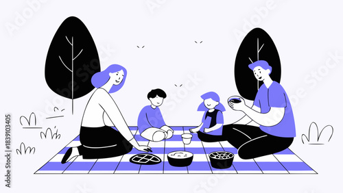 Retro Illustration of Family Picnic at Dusk