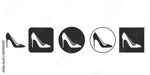 Black and white high heel pump shoes vector icon set | Elegant stiletto shoe silhouette symbol collection | Minimalist women's footwear sign for fashion apps | Modern luxury high heel shoe glyphs 