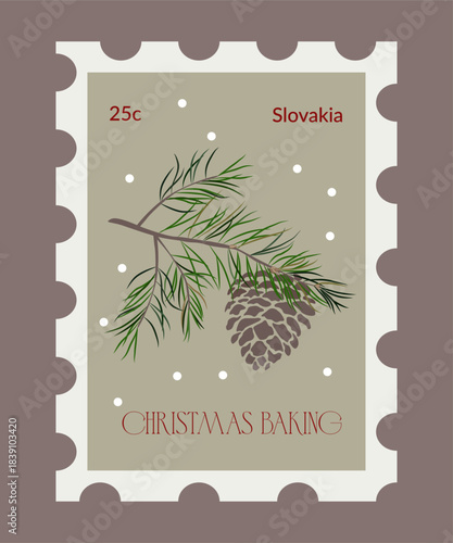 New Year's stamp with a fir branch and pine cone Stamp for letters and greetings Vector illustration