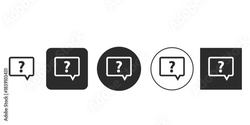 Black and white question mark speech bubble icon set | Customer support and FAQ help desk web symbol vector | User interface design element for query assistance | Flat design question bubble icons