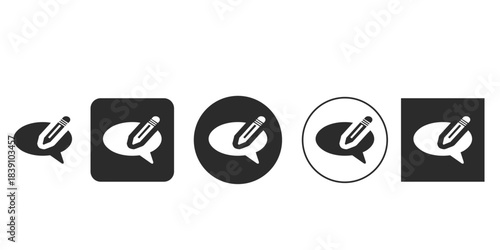 Black and white comment edit icon set for application UI design | Vector graphic of writing pencil inside speech bubble symbol | Monochrome message compose reply pictogram collection
