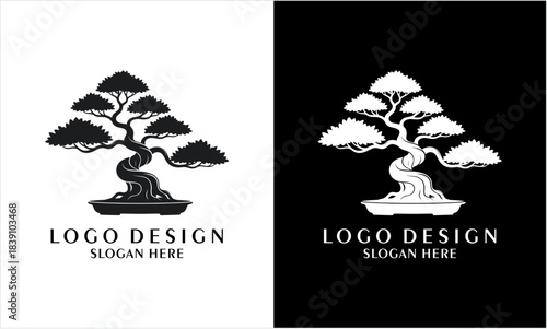 Elegant black and white bonsai tree logo design.