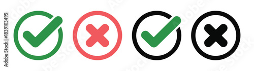 Check mark and cross icons set. Green and red Yes/No symbols.