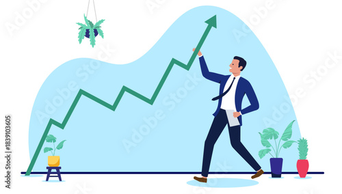 Successful businessman or employee cheerfully smiling while holding a large upward-moving green arrow, symbolising business growth, positive financial trend, investment and market success, flat design
