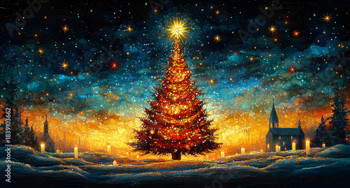 Mosaic Illustration of Christmas with Church Silhouette and Starry Sky
