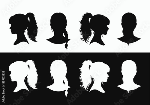 Collection of female profile Vector silhouettes with varying hairstyles in black and white