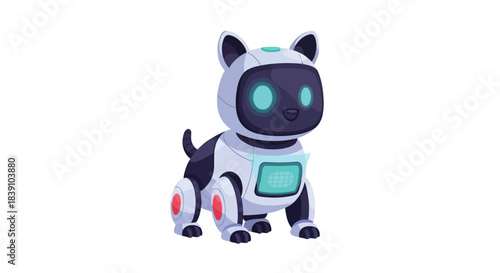Futuristic robot dog with glowing eyes and a digital display on its chest isolated.