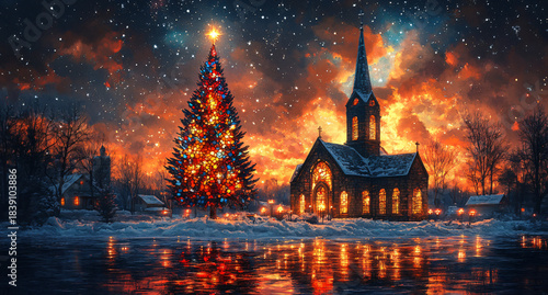 Stained Glass Composition of Christmas Tree, Guiding Star, and Snow Reflection