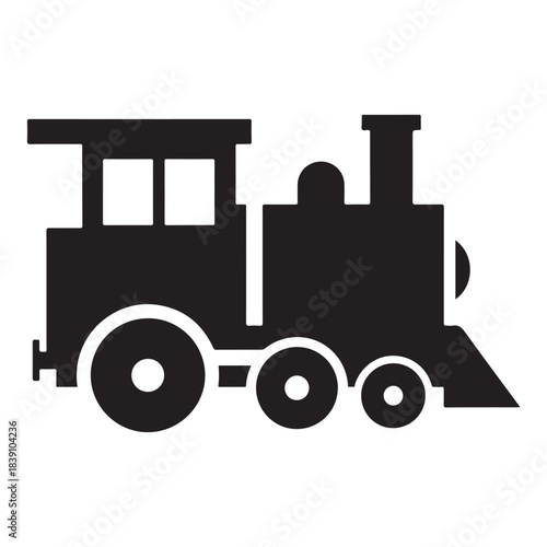 This vector illustration features a simple and bold silhouette of a classic steam locomotive train engine. The clean, minimal, and playful design makes it perfect for children’s books, toy branding,