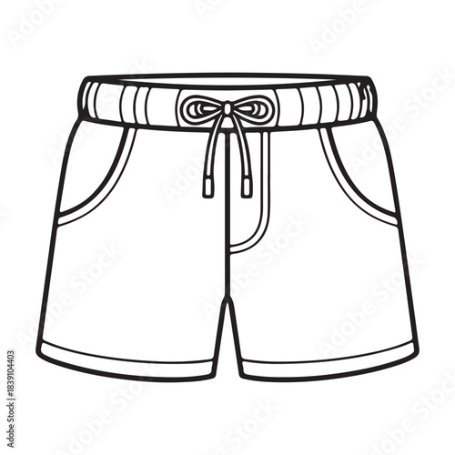 This clean and stylish line-art illustration features a pair of casual shorts with an elastic waistband, drawstring bow, and functional side pockets. The simple outline design makes it perfect 