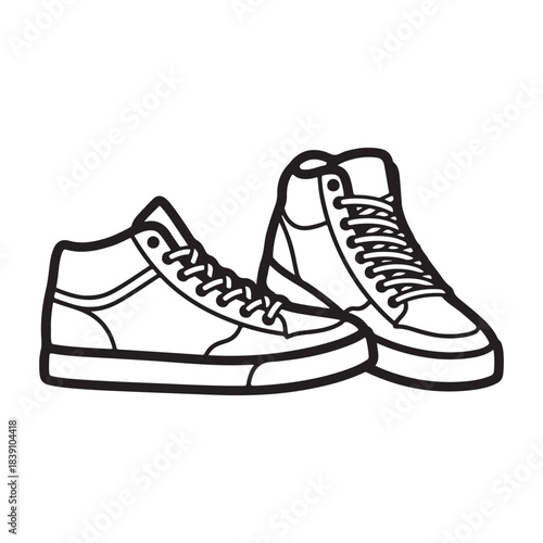 This clean, bold line-art illustration showcases a pair of stylish high-top sneakers with detailed laces, eyelets, and panel stitching. The simple black-and-white outline makes it perfect for fashion 