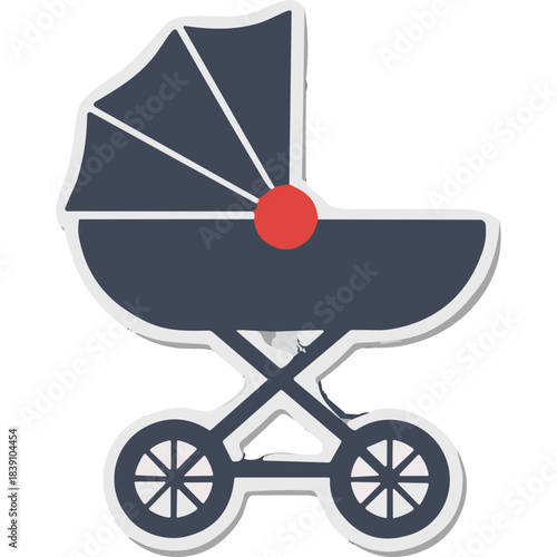 Vintage Style Dark Blue Baby Carriage with Red Accent Detail and White Wheels on a Transparent Background