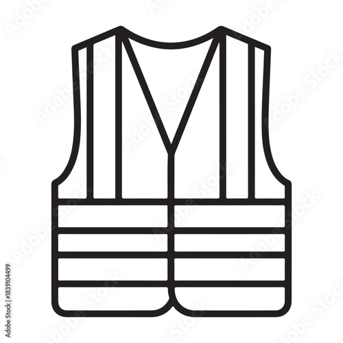 This bold, clean line-art illustration depicts a safety vest with distinct vertical and horizontal reflective panel sections. The simple black-and-white outline highlights the vest’s essential 