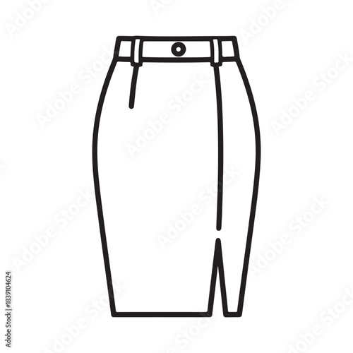 This clean and elegant vector illustration features a classic pencil skirt designed with simple black line art. It includes defined seams, a waistband with a button detail, and a stylish front slit, 
