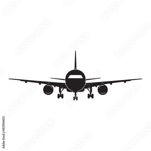 This clean black silhouette illustration shows a commercial airplane viewed from the front, highlighting its wide wingspan, dual engines, landing gear, and aerodynamic design. The bold, minimal style 
