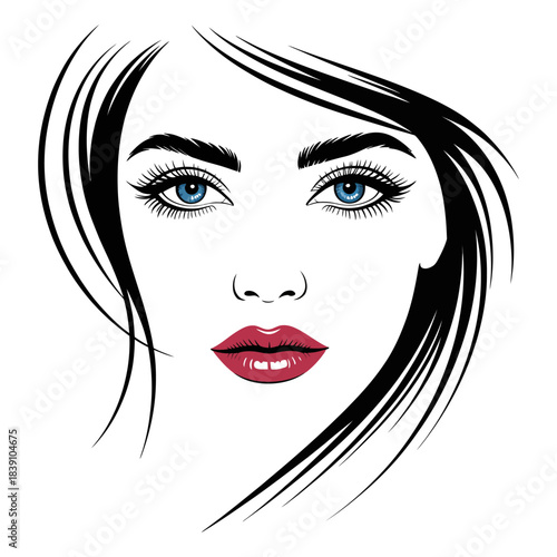 Beautiful girl face portrait illustration featuring soft feminine details, elegant youthful expression, modern artistic style, perfect for beauty concepts, fashion design, cosmetic branding, editorial