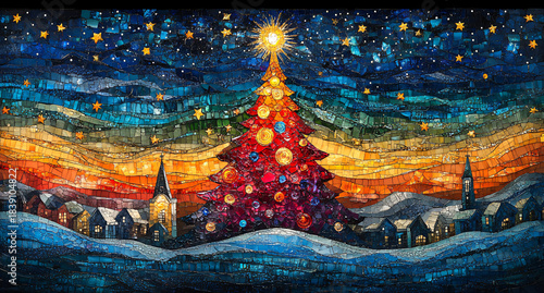 Festive Scene in Stained Glass Style with Bright Tree and Church at Sunset