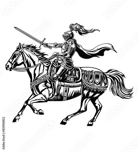 Black and white illustration of a knight on horseback drawn sword