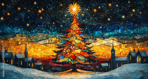  Colorful Mosaic of Christmas Tree Reflected in Frozen Lake at Dusk