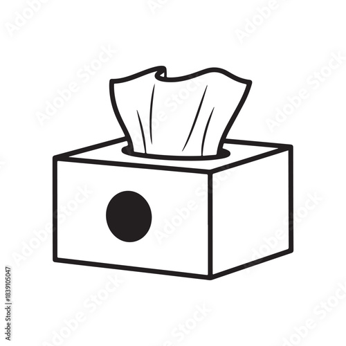 This illustration features a simple black-and-white line drawing of a tissue box with a tissue partially pulled out. The box is square-shaped with a rounded hole on top for easy tissue access. 