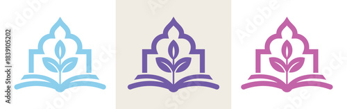 islamic education logo with book and plant modern mosque learning vector icon