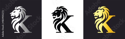 luxury lion head letter k logo icon set in gold silver and black vector design