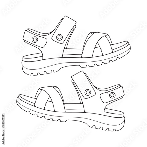 This image shows a simple line drawing of a pair of sandals. Featuring adjustable straps and a sturdy sole, this footwear is perfect for casual outdoor activities, summer adventures, 
