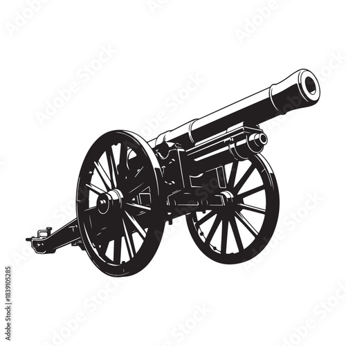 Wallpaper Mural The image depicts a detailed line drawing of a classic cannon, resting on its large wooden wheels. This weapon, a symbol of historical warfare, stands as a reminder of past military technology. Ideal  Torontodigital.ca