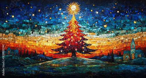 Christmas Tree in Mosaic Illuminated with Star Over Winter Landscape