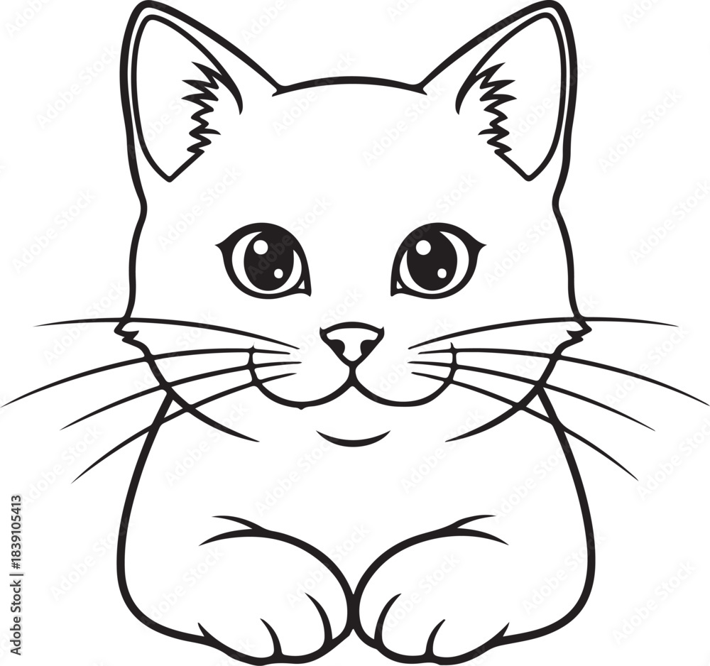 Fototapeta premium Cute cat outline in a relaxed pose with paws tucked under, large round eyes, perked ears, and flowing whiskers. Smooth black vector lines on transparent background make it perfect for logos, tattoos