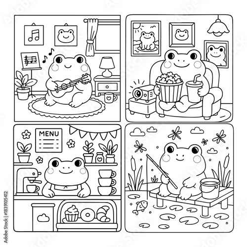 Cute Frog Coloring Page, Kawaii Animal Line Art, Vector Illustration