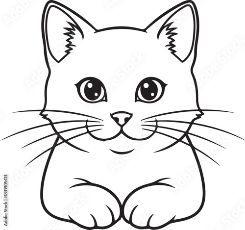 Cute cat outline in a relaxed pose with paws tucked under, large round eyes, perked ears, and flowing whiskers. Smooth black vector lines on transparent background make it perfect for logos, tattoos