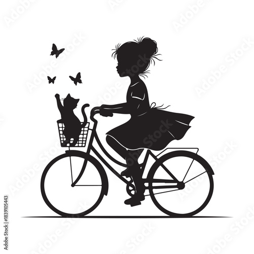 This heartwarming silhouette features a girl riding a bicycle with a cat in the basket, surrounded by playful butterflies. The image captures a sense of freedom, innocence, and joy, making it ideal 
