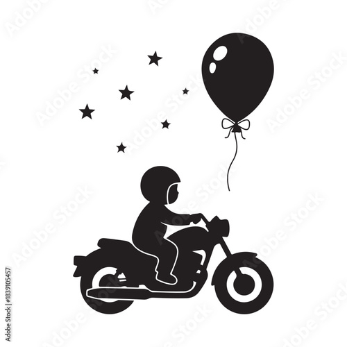This whimsical silhouette shows a child riding a motorcycle, with a balloon floating above them and stars scattered around. The design evokes a sense of adventure, childhood fantasy, and freedom, maki