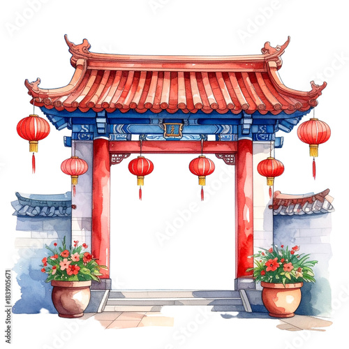 Chinese temple gate with lanterns and flowers.