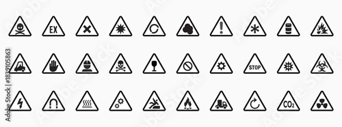 Black linear danger and warning icon set featuring heat–cold, radiation, camera waves, and chemical reagents on a white background.”