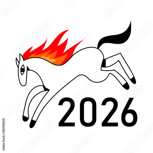 Chinese New Year Fire Horse Year of the Horse 2026 Symbol Minimalist Line Art Vector Illustration Horse Jumping with Flame Mane and 2026 Numbers.