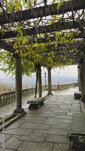 Rain Falling on Covered Stone Terrace