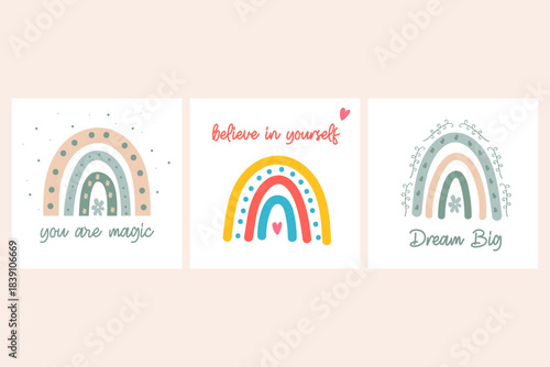 Motivational boho rainbow trio card you are magic, believe in yourself, dream big