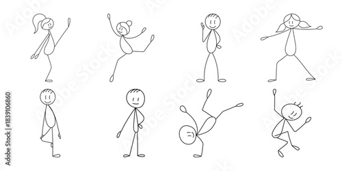 Minimalist stick figure set: varied poses of movement and activity. Vector