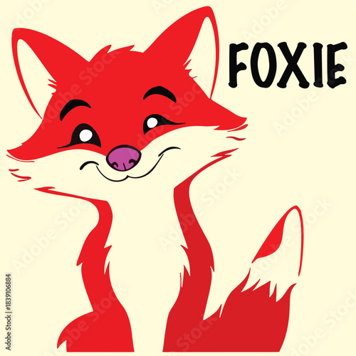 A charming and colorful vector illustration of a red fox character with a playful expression, featuring the name 'FOXIE' in bold, black typography