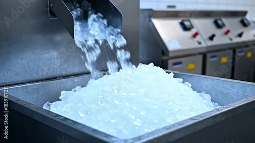 Automated ice production machine dispensing fresh frozen ice cubes into a large storage bin for chilling beverages and food items in a commercial kitchen