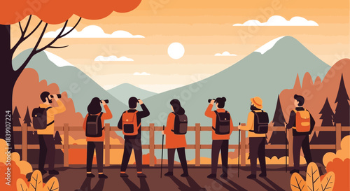 Group of hikers enjoying scenic mountain view with binoculars.