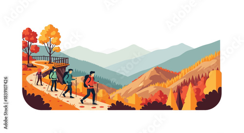 Group of hikers enjoying a scenic autumn hike on a mountain trail exploring nature.
