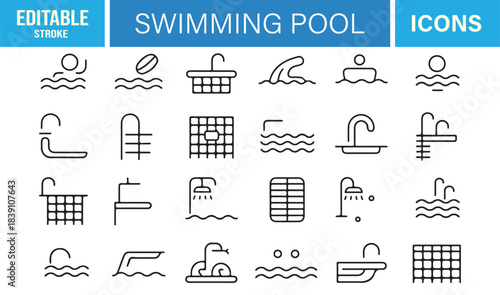 Swimming Facility Line Art Icons Including Showers, Slides, Grids, Filters, Water Flow, and Relaxation Features