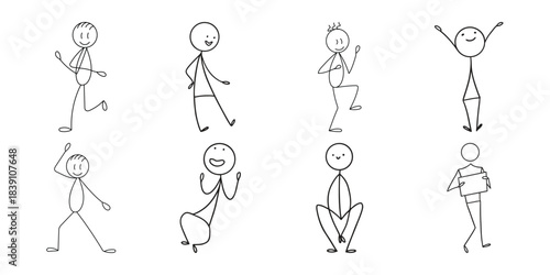Collection of hand-drawn stick figures depicting various actions Vector