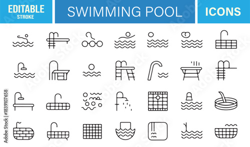 Clean Vector Icon Set Depicting Pool Ladders, Wave Patterns, Hydrotherapy Tubs, Fountains, Tiles, and Aquatic Activities