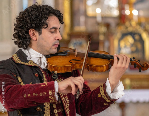 man in a baroque outfit playing violin AI generated