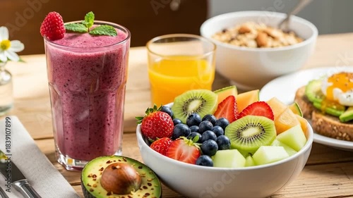 Healthy Breakfast Spread with Fresh Fruits Smoothie and Avocado Toast.